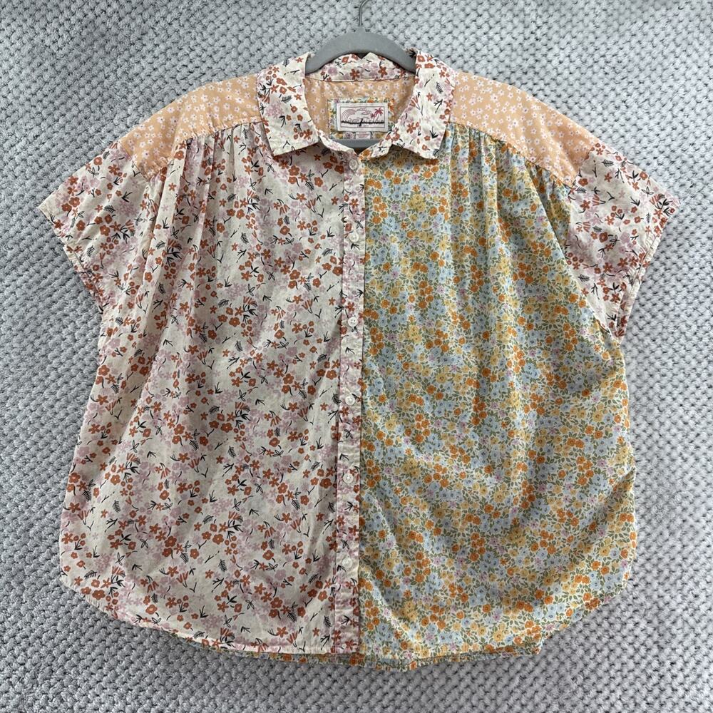 American Eagle AE Oversized Resort Shirt Womens M Orange Micro Floral Patchwork